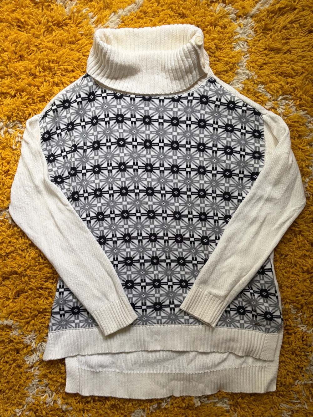 Tommy Hilfiger - Turtleneck Patterned Knit Sweater - Cream, Grey, Black. Size S